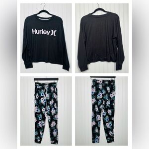 Hurley Black Pink Floral Long Sleeve Top & Pants Pajama Set *So Soft* Size Small